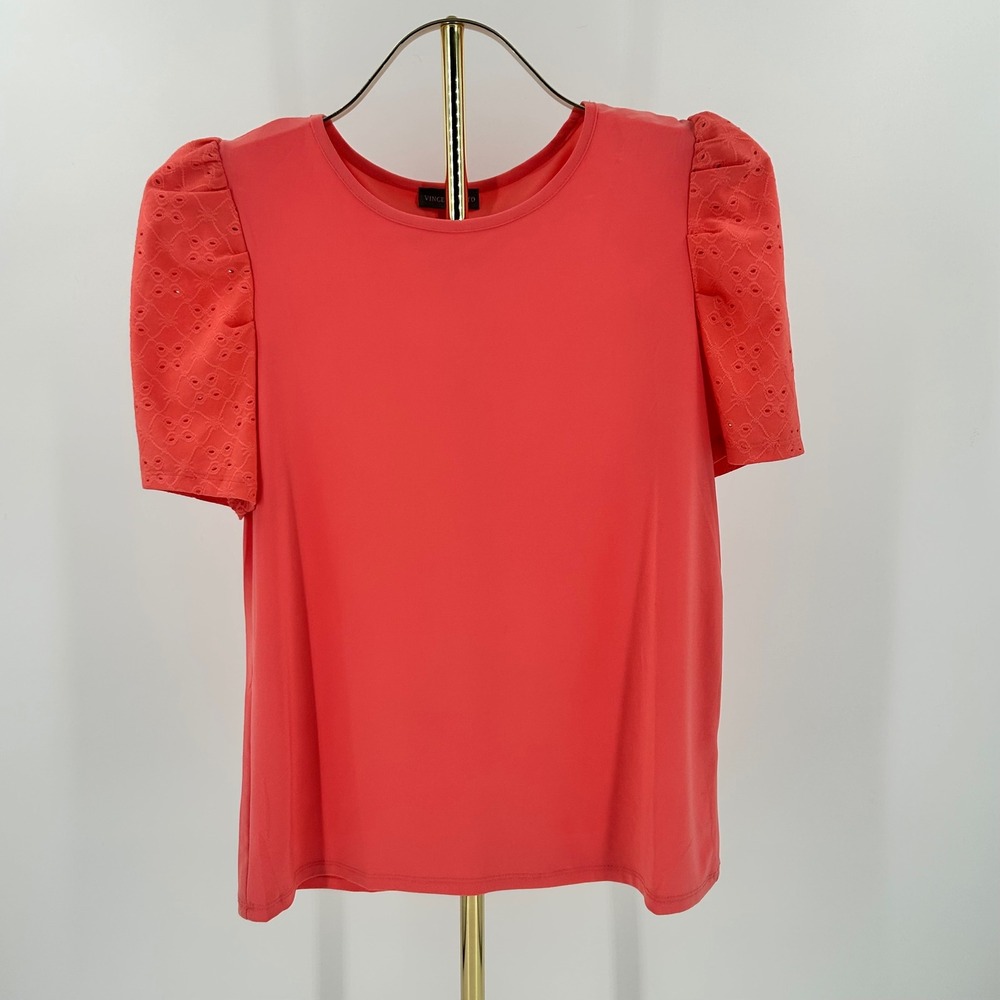Vince Camuto Women Coral Pink Eyelet Puff Sleeve Crew Neck Stretch Top Small